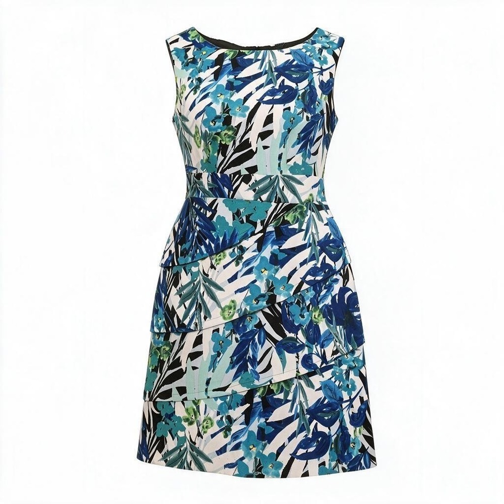 Connected Apparel Blue Green Tropical Floral Tiered Sheath Dress Womens Petite 8